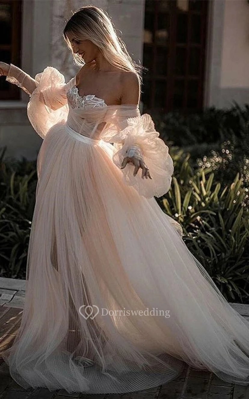 Puff Flowy Illusion Tulle A-line Off-the-shoulder Criss-cross Dress