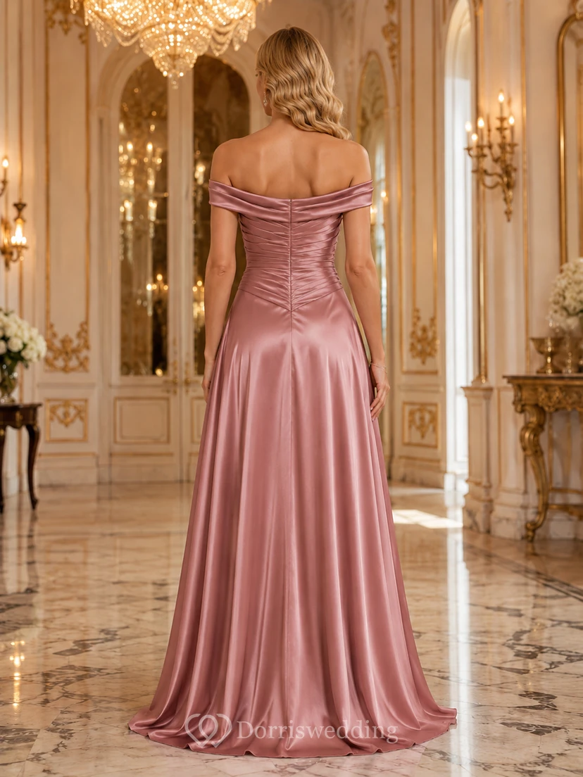 Dusty Rose Grand Ballroom Wedding Guest Bridesmaid Evening Formal Dress A-Line Floor-Length Off-Shoulder Sweetheart Neck Sleeveless Satin Ruched Leg Slit Zipper Back view 2