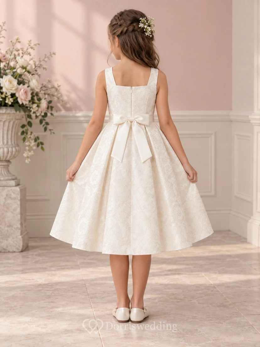 Tea-length Square Neck Ivory A-line Floral Textured Sleeveless Bow-back Flower Girl Dress view 2