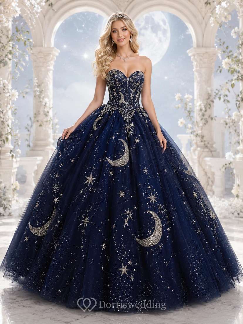 Dark Navy Silver Celestial Strapless Moon Star Quinceanera Princess Formal Ball Gown