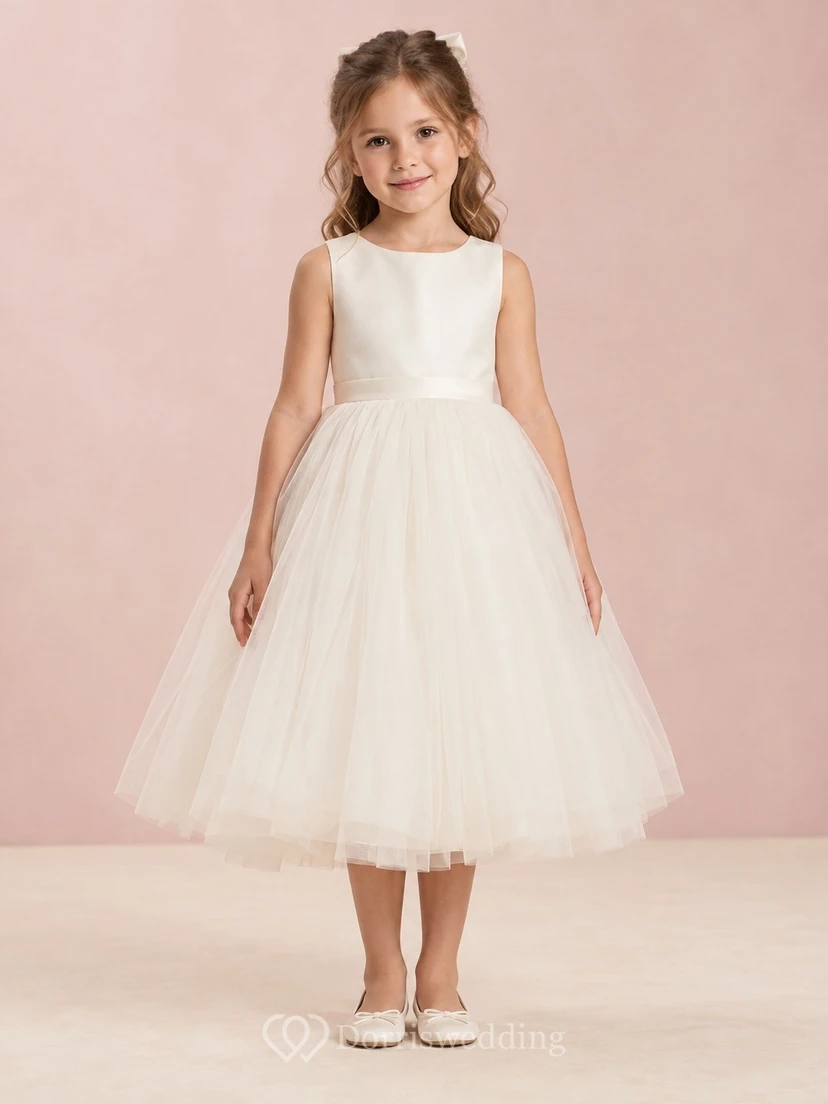 Simple Modest Tea-length Ivory Sleeveless A-line Satin Tulle Bow Flower Girl Dress
