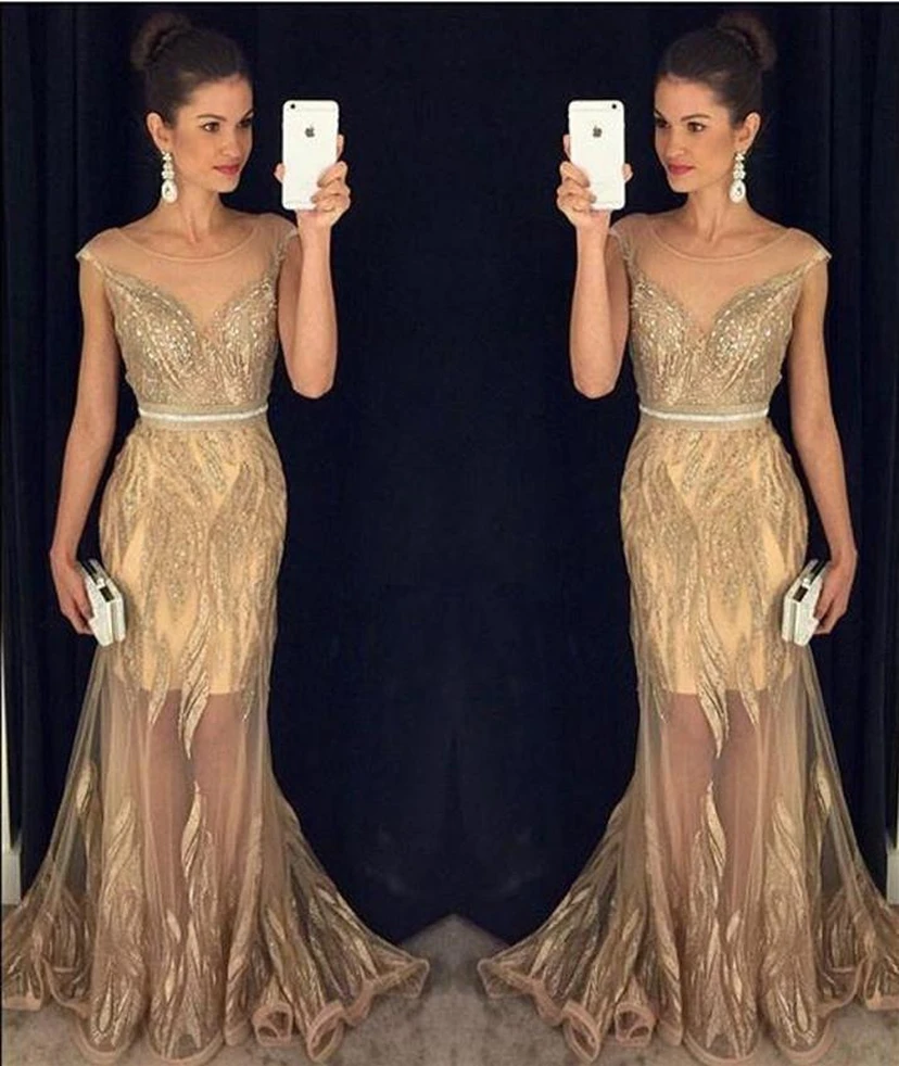 Sexy Scoop Sleeveless Beadings Prom Dress Mermaid Sheer Party Gown