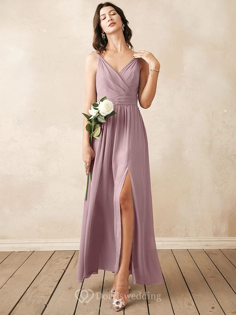 Romantic V-neck A Line Sleeveless Ankle-length Chiffon Bridesmaid Dress With Ruching view 15
