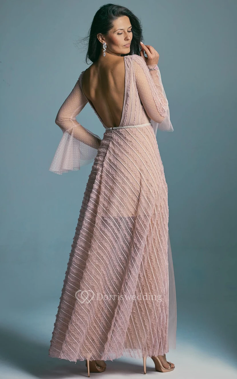 Blush Illusion Long Sleeve Tulle Front Split Bateau-neck Backless Wedding Dress view 4
