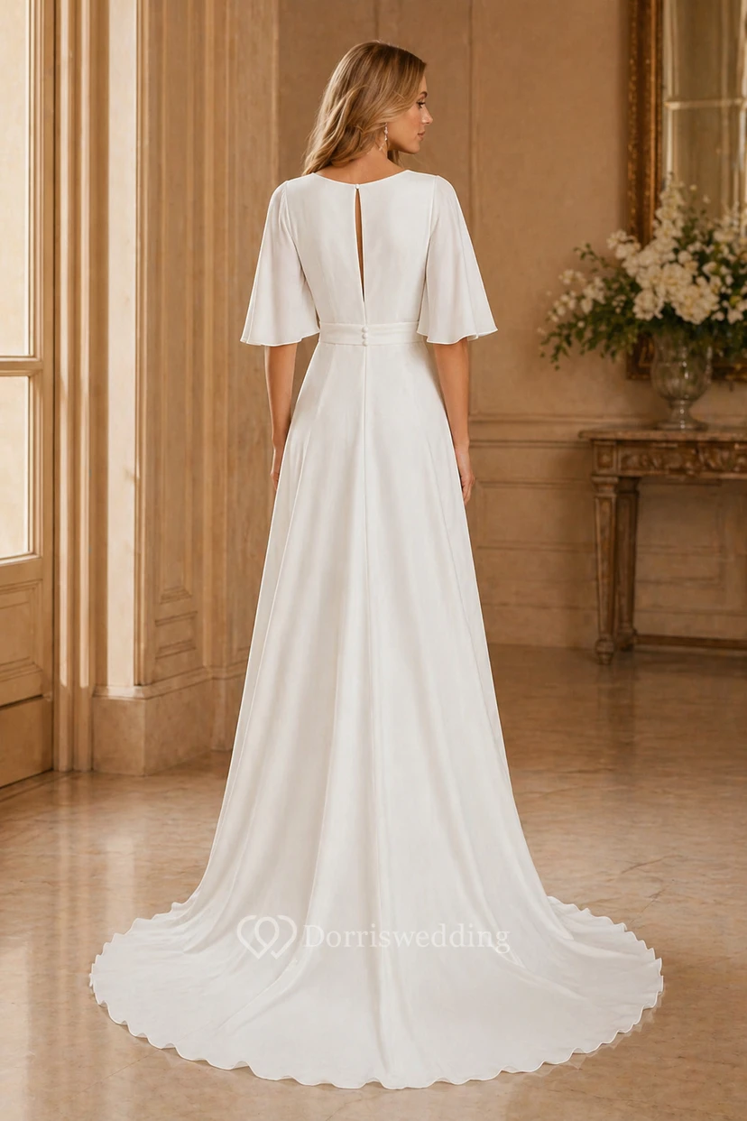 Minimalist White Chiffon Bridal Jumpsuit with V-Neck and Flutter Sleeves view 2