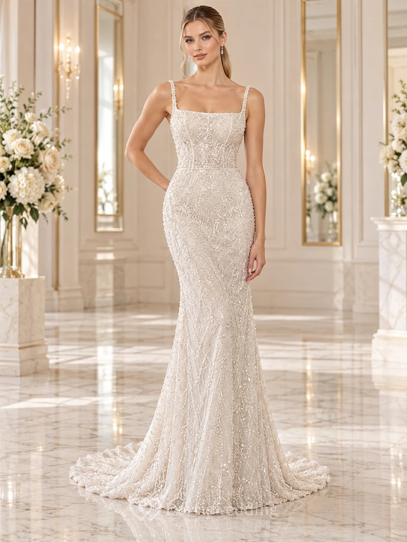 Simple Square Neck Straps Fine Lace Fitted Sheath Wedding Dress