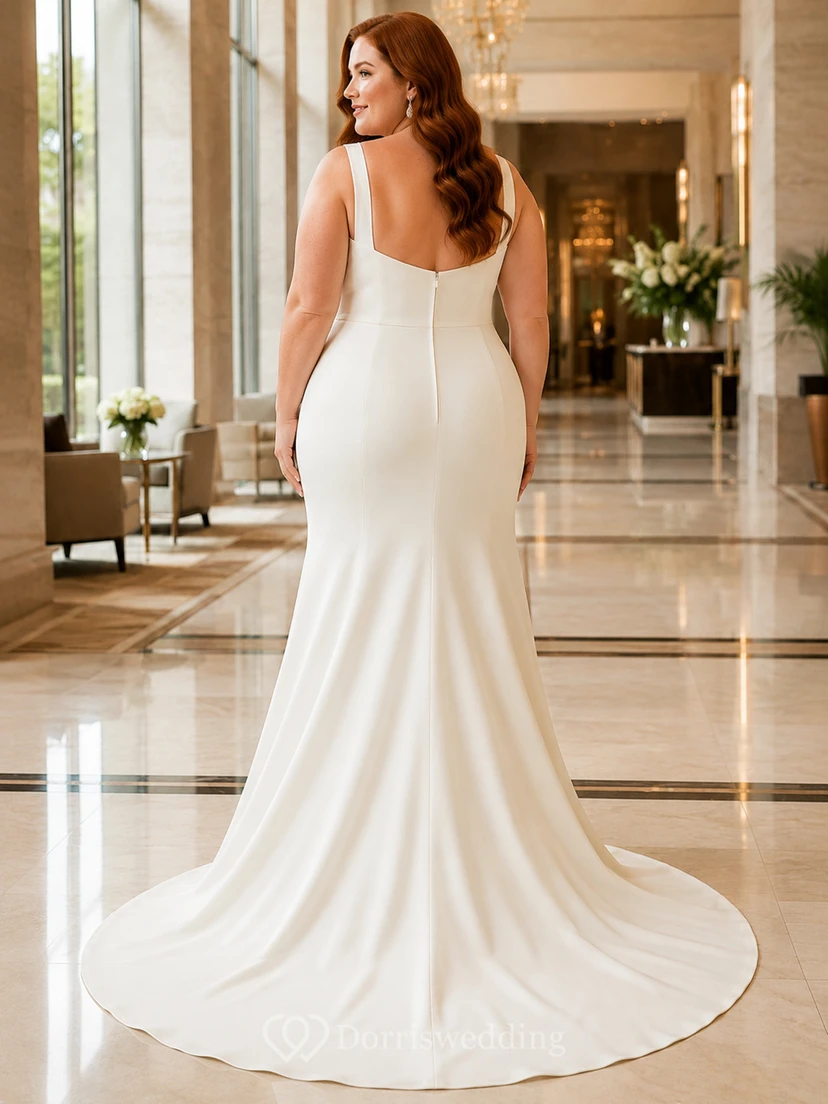 Vestido de novia minimalista de satén elástico estilo sirena con escote cuadrado, sin mangas y cola larga. view 2