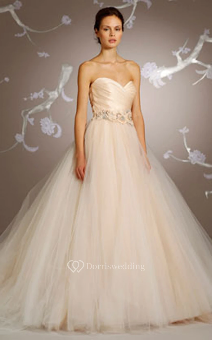 Noble Crisscross Ruched Bodice Tulle Dress With Floral Jeweled Waistband view 2