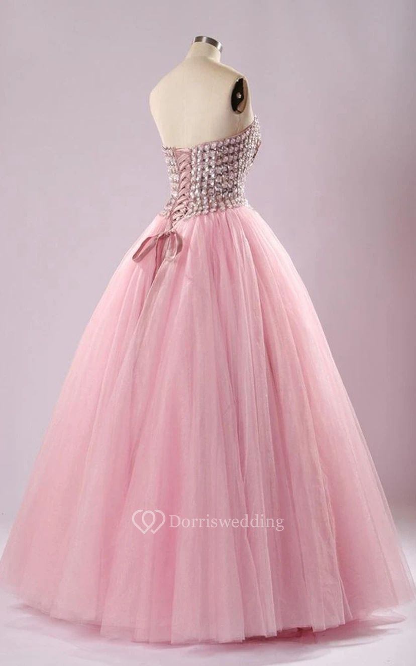 Tea-Length Off-The-Shoulder One-Shoulder Sleeveless Beading Lace-Up Back Tulle Lace Dress view 2