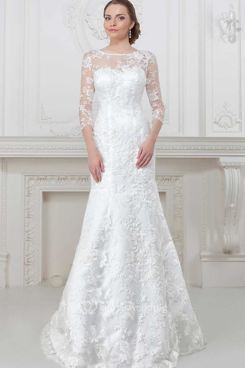 A-Line 3-4-Sleeve Scoop-Neck Lace Wedding Dress With Illusion