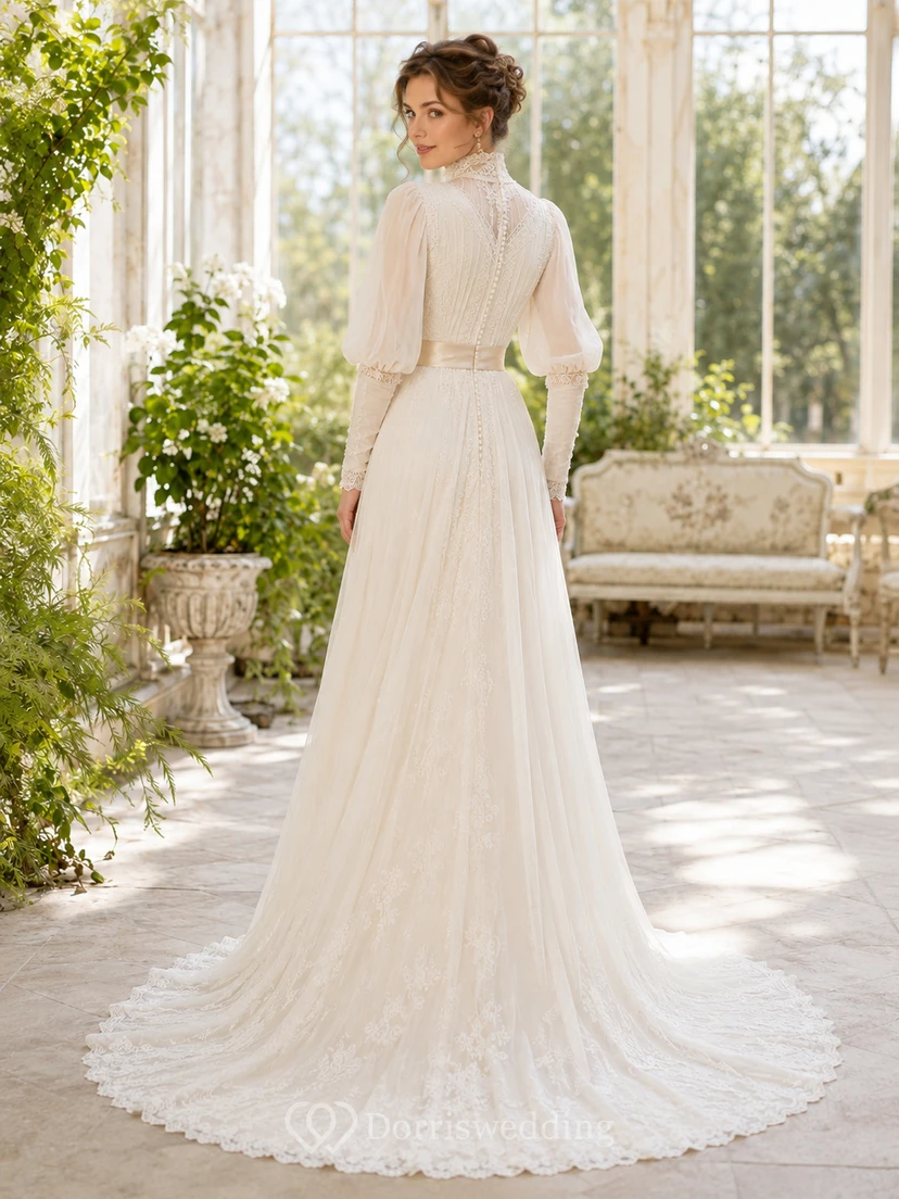 Robe de mariée édouardienne en dentelle, col montant, manches longues et traîne chapelle view 2