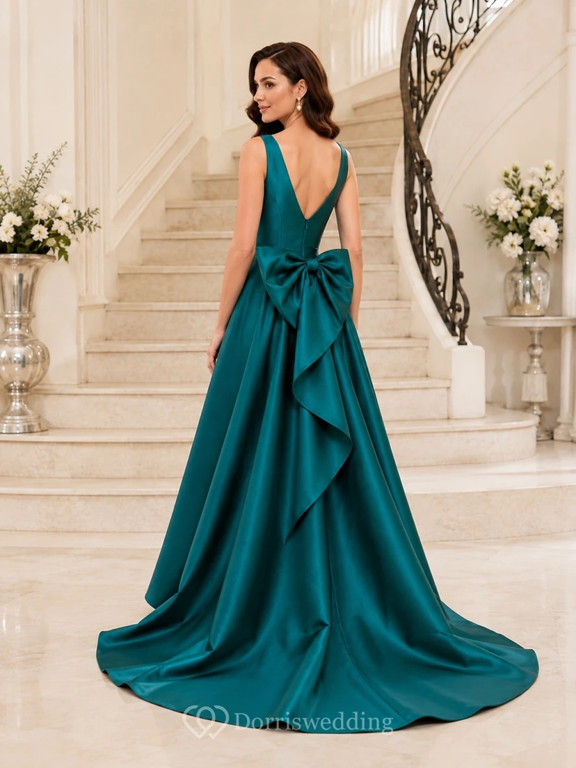 Dunkelgrünes Brautkleid aus Satin mit V-Ausschnitt, Schleife und asymmetrischem Saum sowie Kapellenschleppe view 2