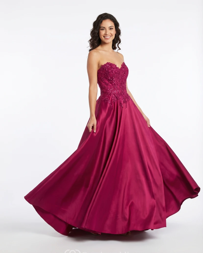 Fuchsia Satin Prom Ball Gown with Strapless Lace Bodice