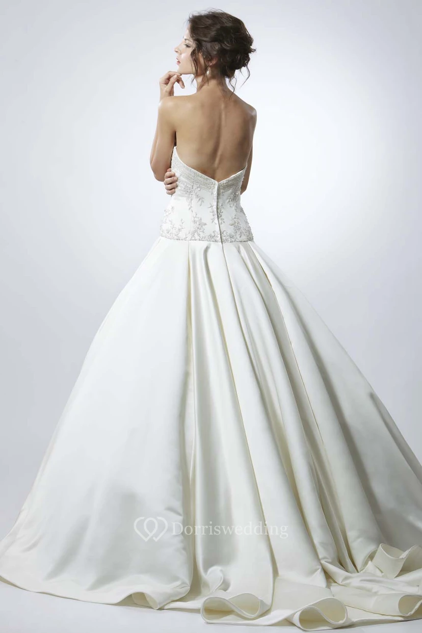 Floor-Length Sweetheart Beaded Satin Wedding Dress With Brush Train And V Back view 2