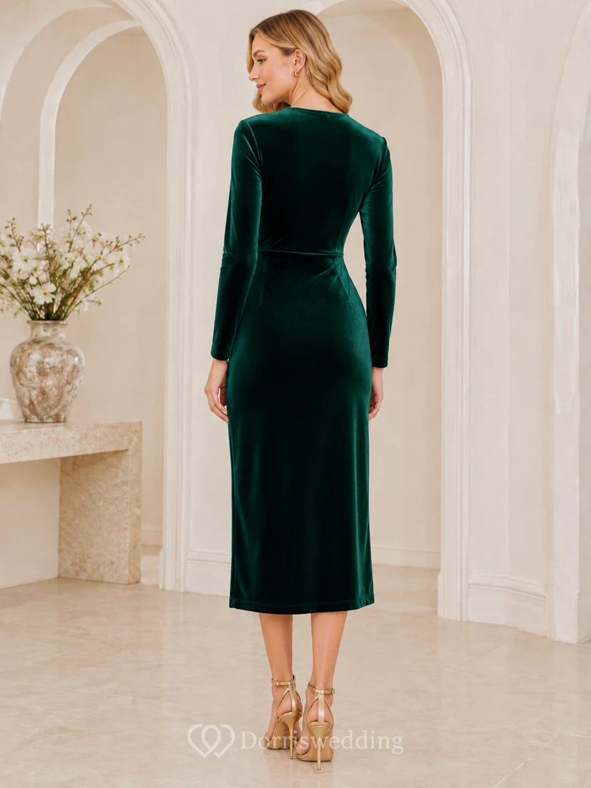 Forest Velvet Dark Green Sheath Tea-Length V-Neck Long-Sleeve Modest Guest Dress view 2