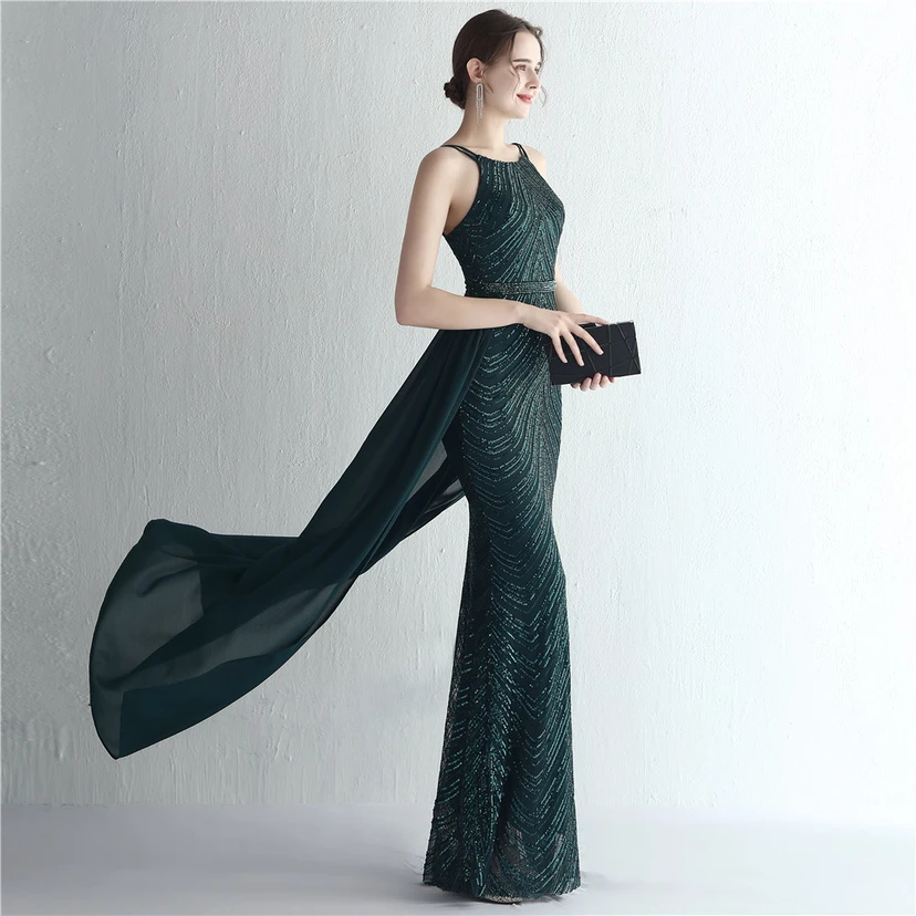 Paillettenbesetzter Chiffonrock mit Blumenmuster, handgefertigt mit Perlen und Neckholder-Ausschnitt, elegant und kühl, perfekt für festliche Anlässe. view 13