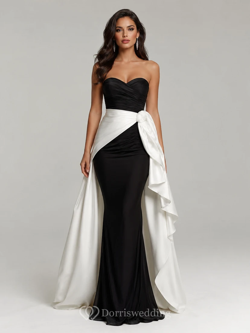 Robe de soirée sirène en satin, sans bretelles, sans manches et drapée de volants, longueur au sol