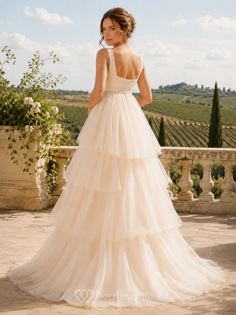 Maternity Wedding Dress Square Neck Lace Bodice Cascading Ruffle Tulle Gown view 2