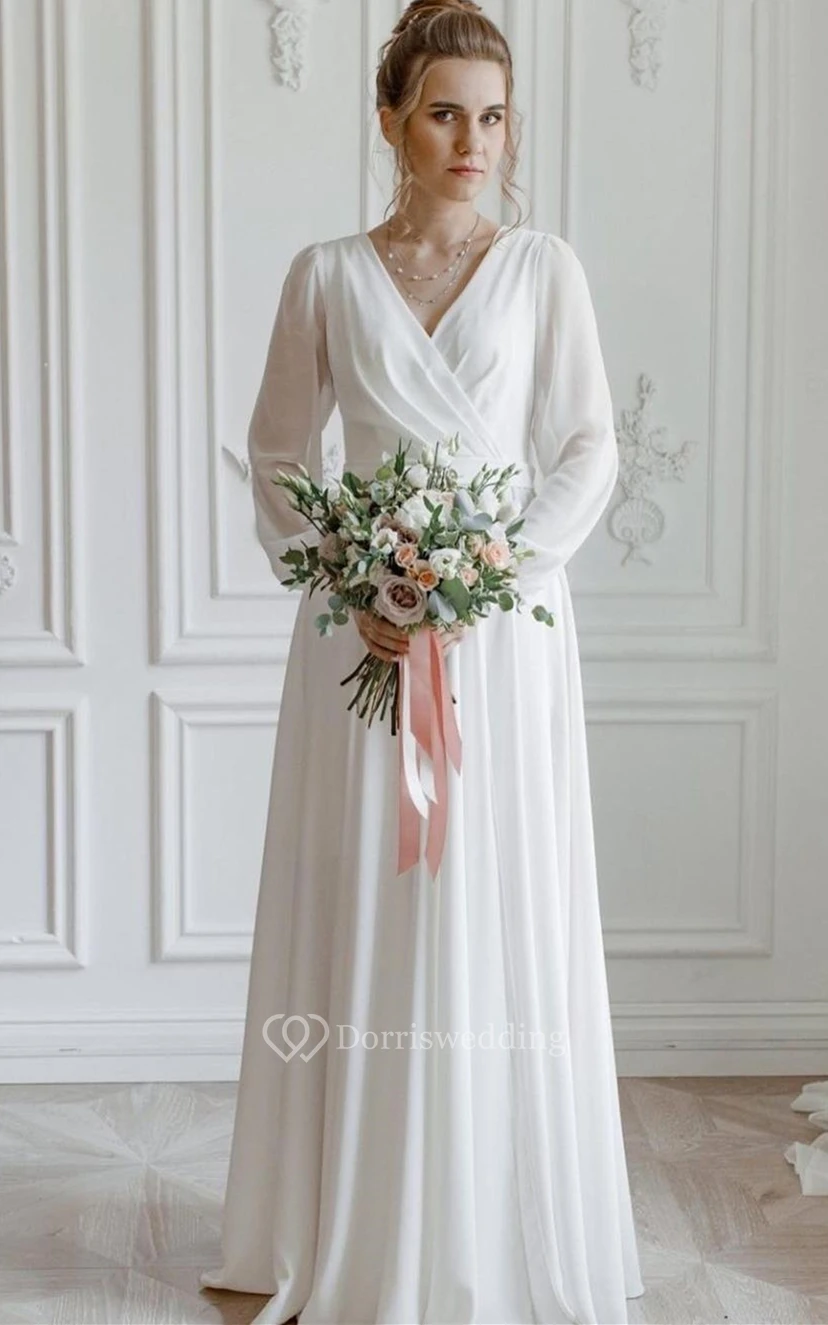 Elegantes A-Linien-Brautkleid aus Chiffon mit V-Ausschnitt, Schärpe und Schlitz vorne view 3