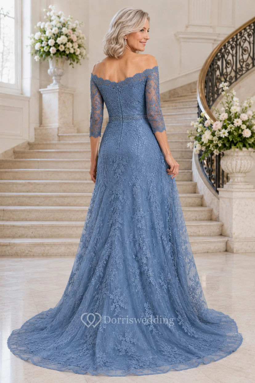 Stahlblaues schulterfreies Meerjungfrauen-Kleid aus Spitze für Mütter view 2