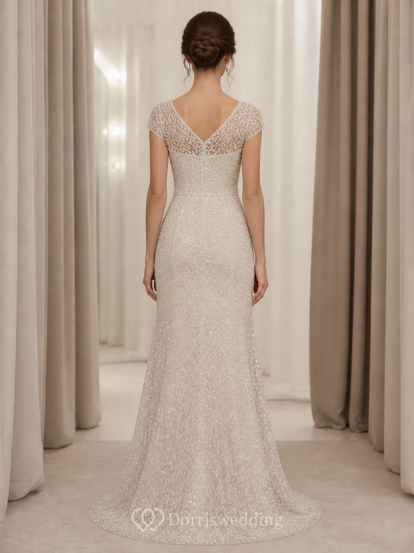 Vestido de novia modesto estilo sirena con escote en V, mangas cortas y cola de encaje. view 2
