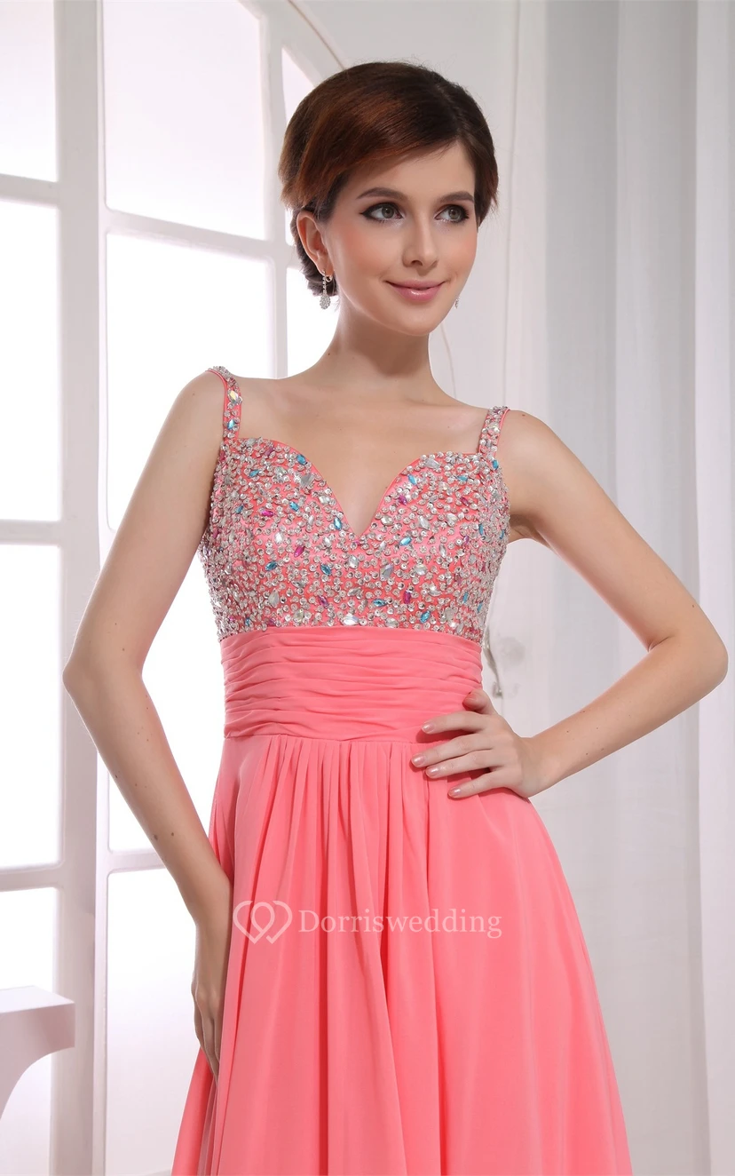 Spaghetti-Strap Floor-Length Chiffon Rhinestone and Dress With Pleats view 4