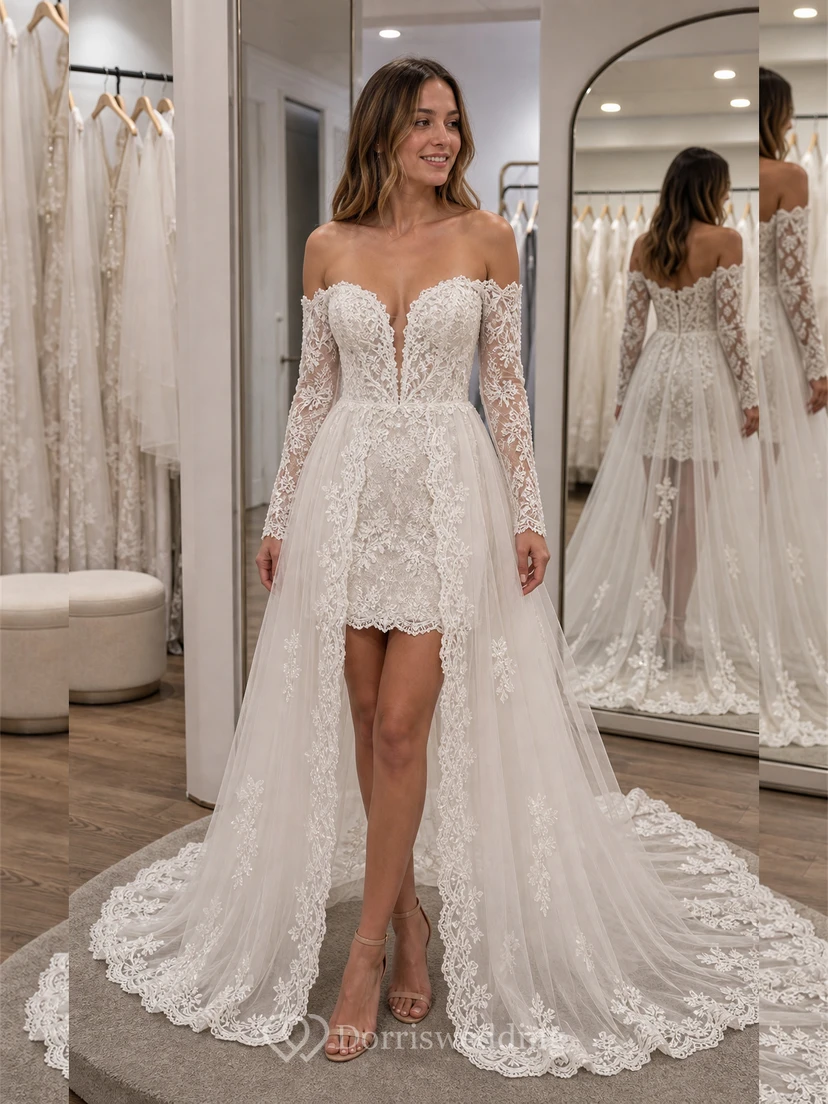 Robe de mariée mini en dentelle à épaules dénudées avec surjupe en tulle amovible et manches longues view 9