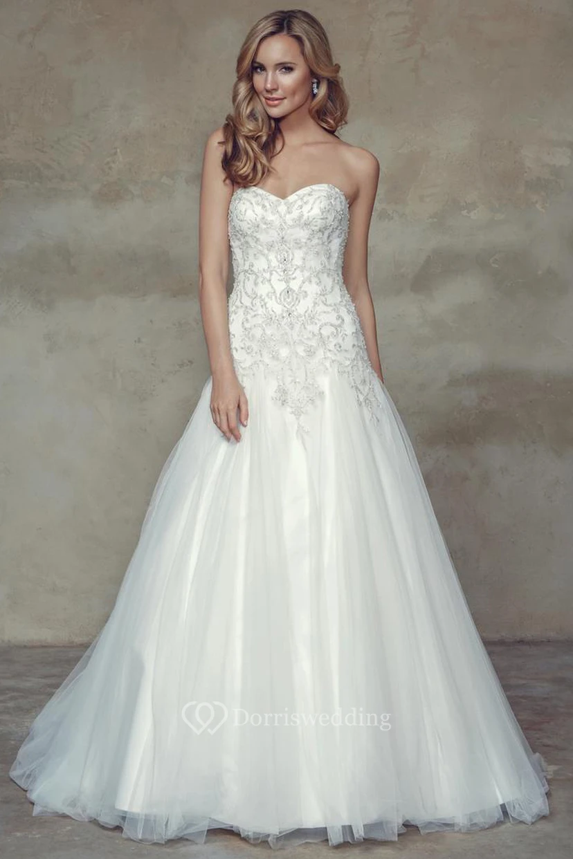 A-Line Long Sweetheart Tulle Wedding Dress With Crystal Detailing And Corset Back