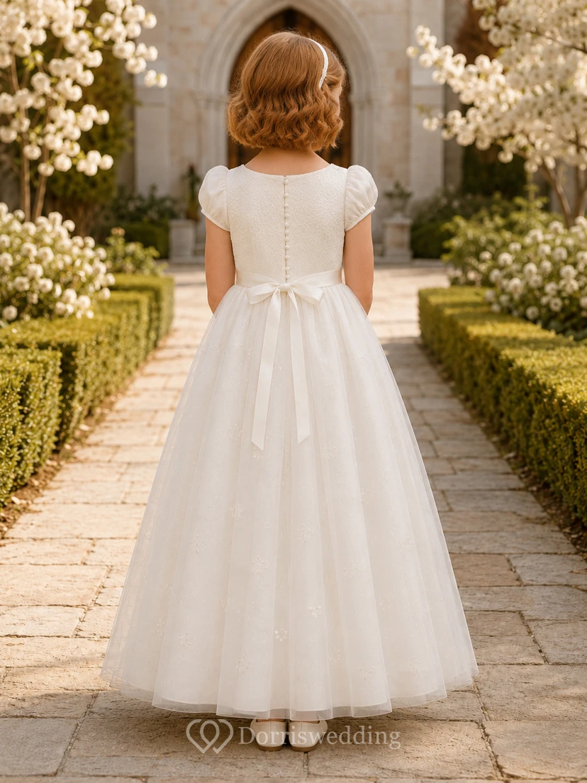 Weißes Pailletten-Tüllkleid mit Rundhalsausschnitt, kurzen Puffärmeln und knöchellangem Pailletten-Tüllkleid für Kommunionmädchen view 2