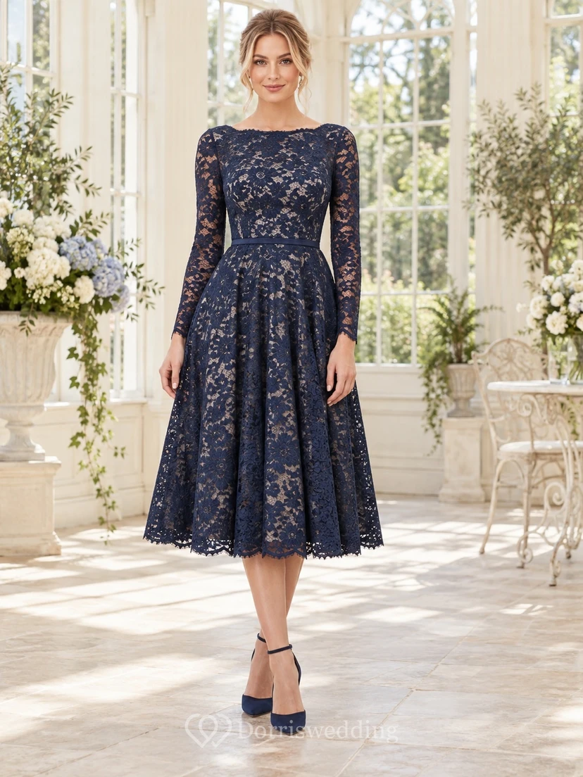 Vestido de invitada de manga larga hasta la rodilla con escote barco y encaje floral azul marino