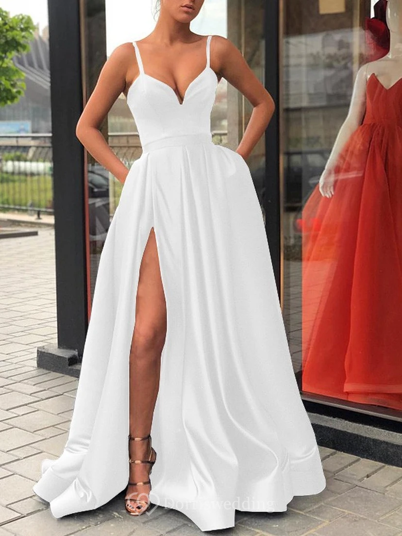 Spaghetti Satin Black Empire A-line Solid Prom Dress view 47