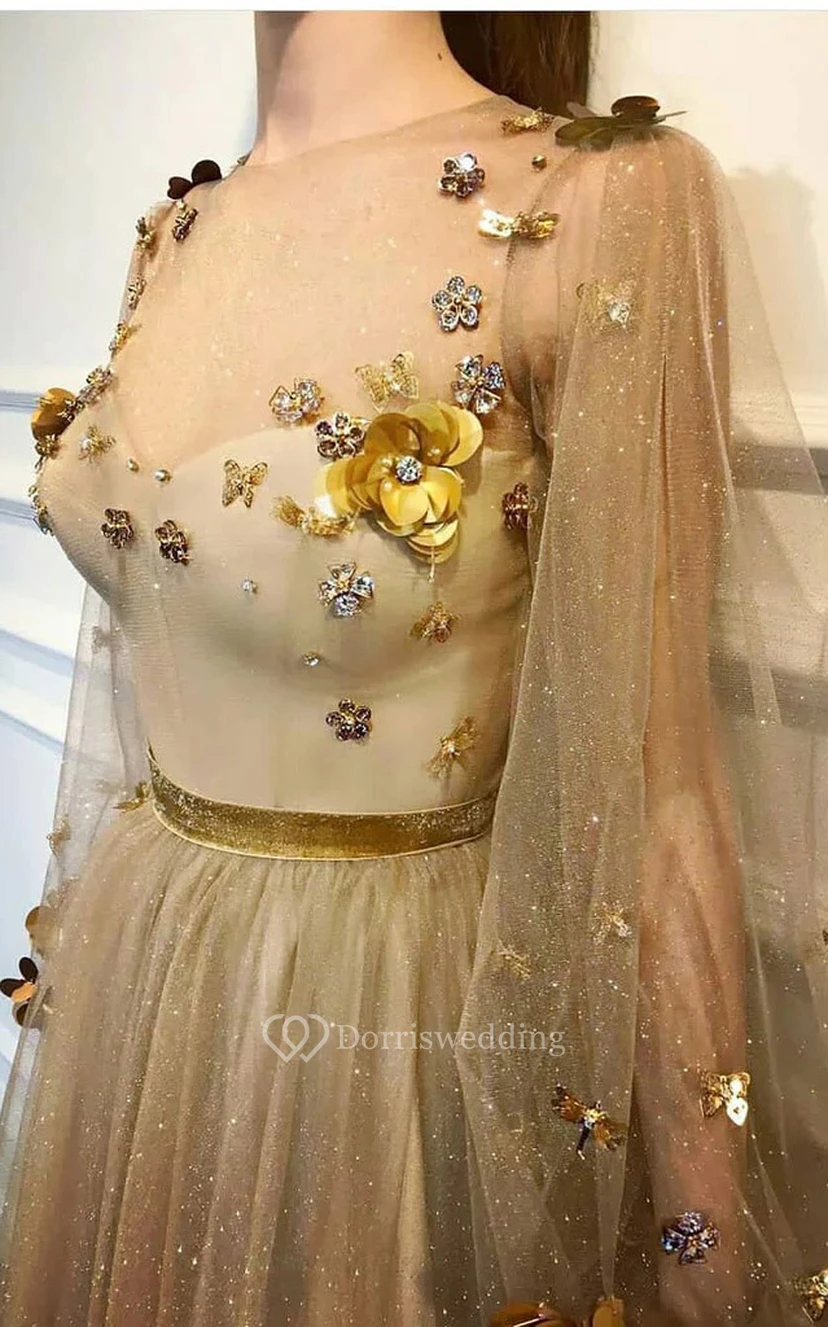 Robe de bal à sequins plissée empire, manches longues bouffantes et col rond illusion view 3