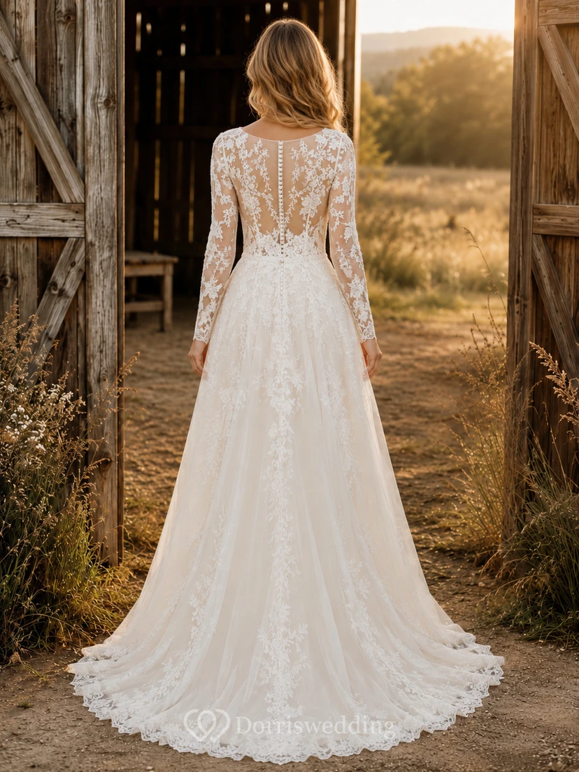 Vestido de novia de tul y encaje campestre, estilo sirena, con escote en V, manga larga, cola de corte y espalda baja en V. view 2