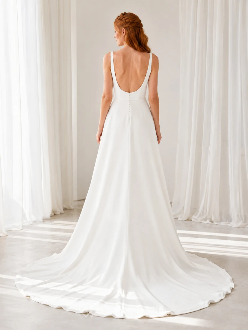 Square Neck Straps Crepe A Line Chapel Train Wedding Dress view 2