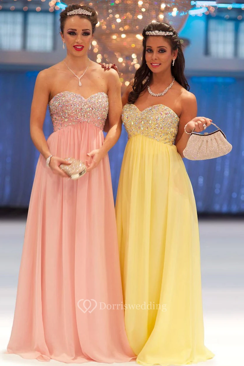 A-Line Beaded Sweetheart Empire Sleeveless Long Chiffon Prom Dress With Pleats view 3