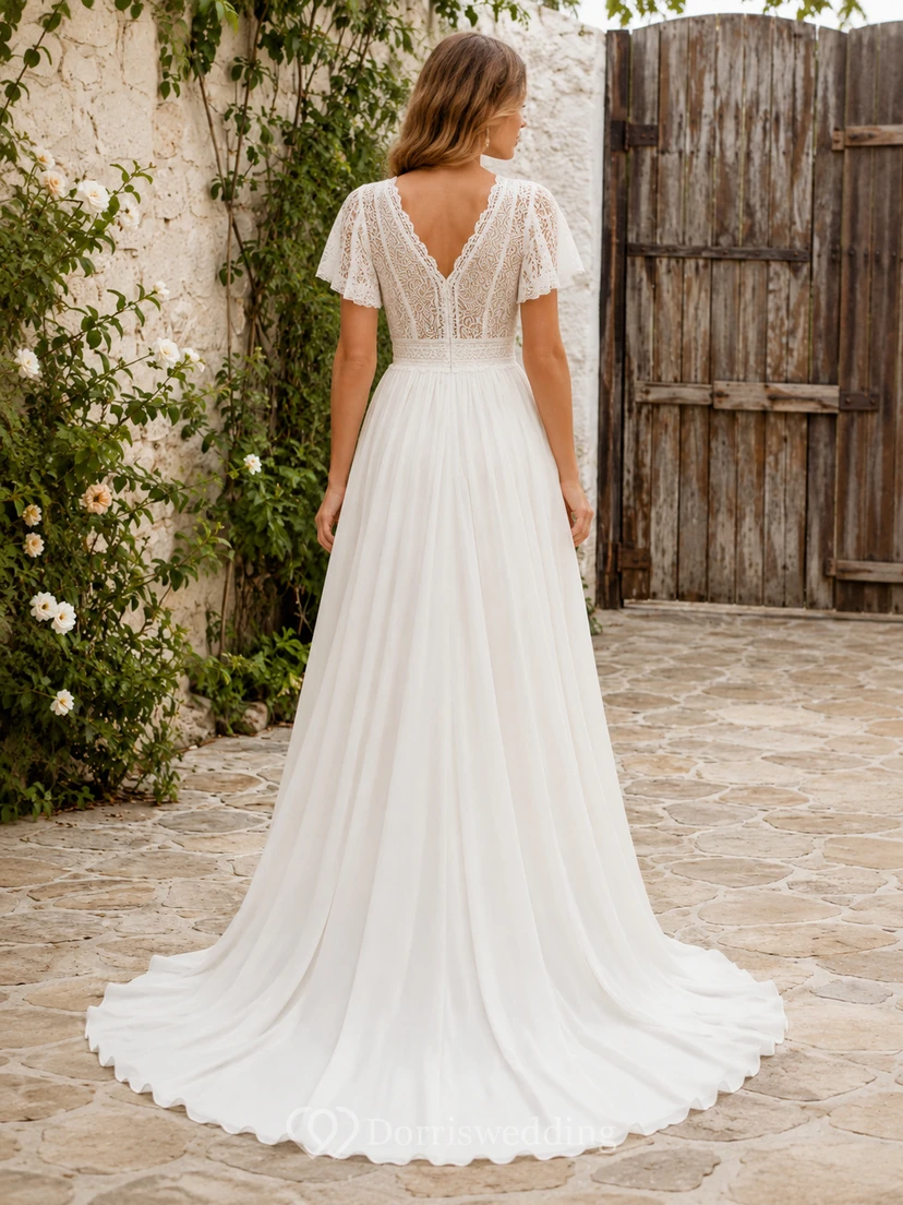 Bohemian V Neck Lace Petal Sleeve Chiffon A-Line Deep Back Wedding Dress view 2