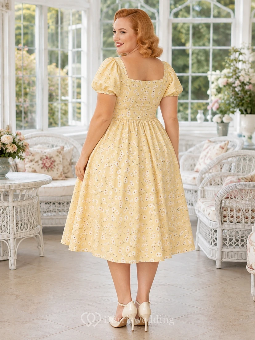 Daffodil Floral Square Neck Puff Sleeve A-Line Tea-Length Vintage Plus-Size Dress view 2