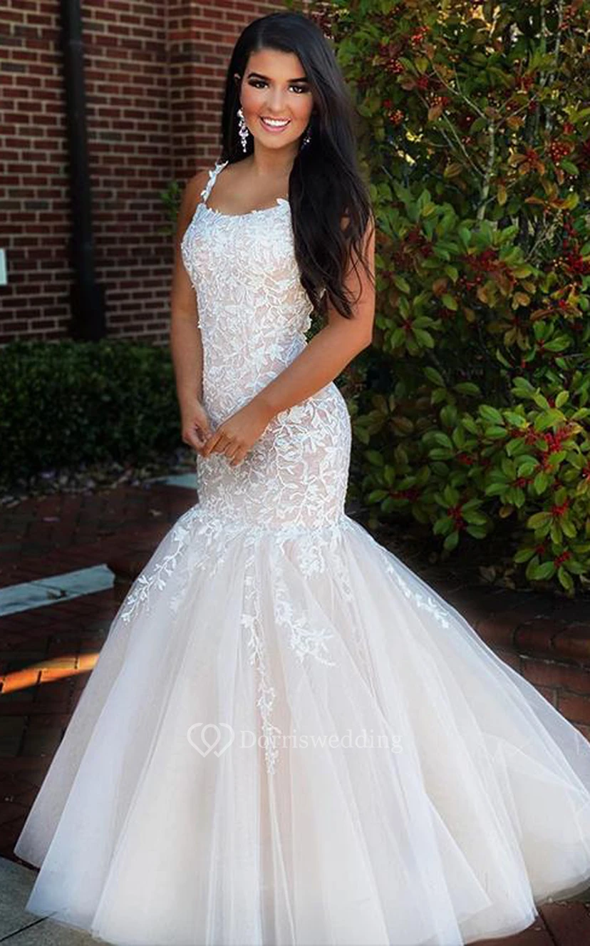 Sexy Meerjungfrauen-Abendkleid aus Spitze und Tüll, ärmellos, Spaghettiträger, Applikationen