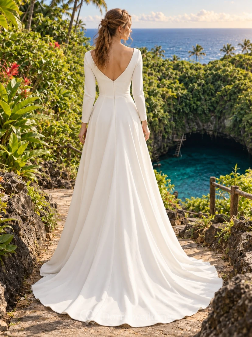 Schlichtes, langärmeliges, drapiertes Etuikleid mit V-Ausschnitt für Braut und Hochzeit view 2