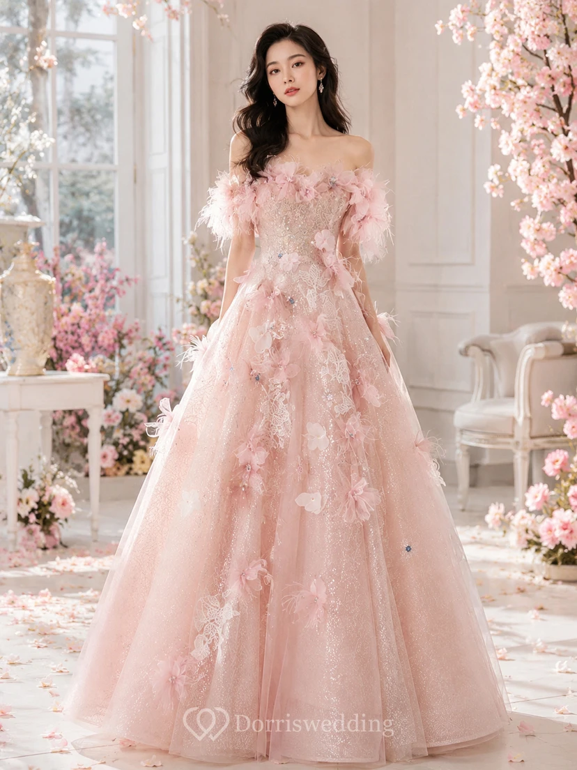 Hellblaues schulterfreies Ballkleid mit Blumenmuster view 6