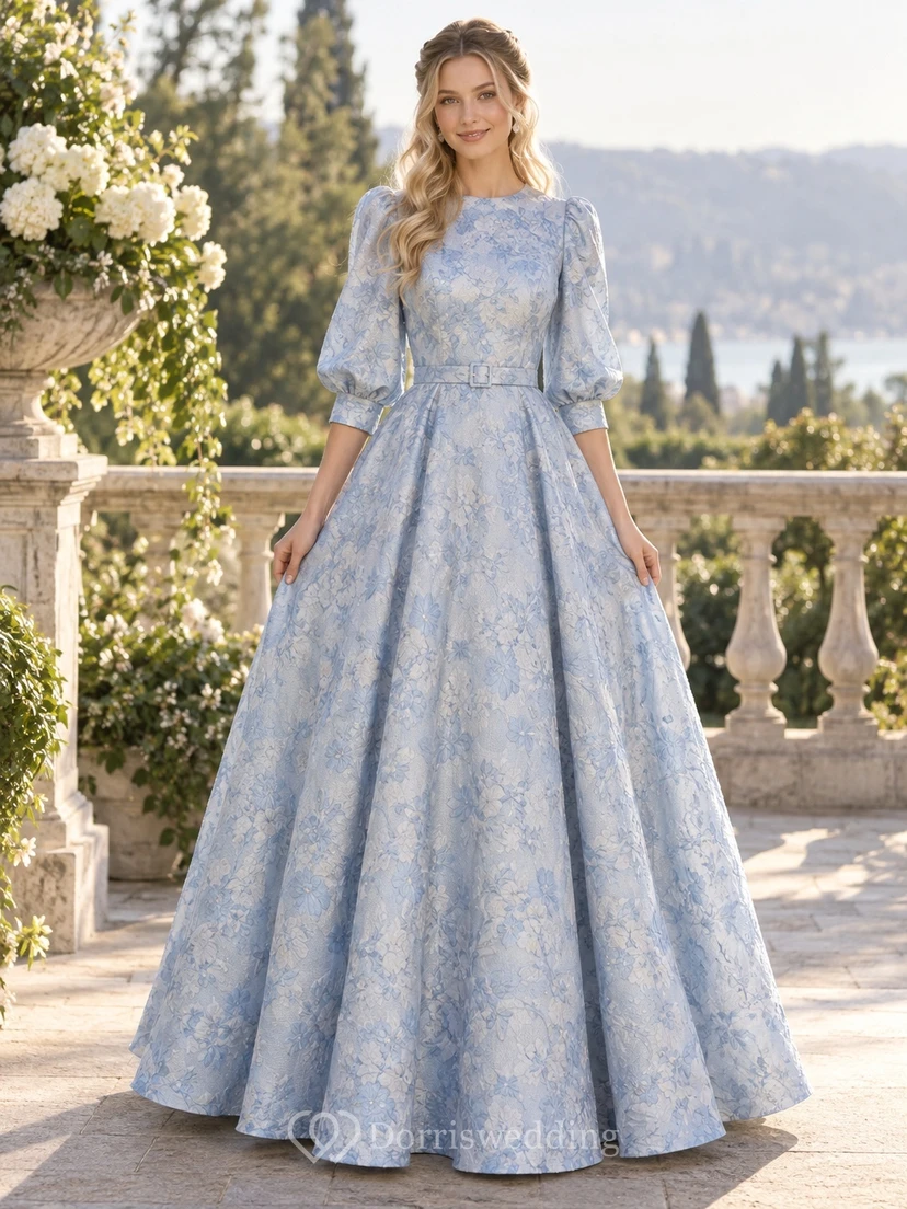 Vintage Sky Blue Jewel Neck Puff Sleeve Brocade Formal Dress
