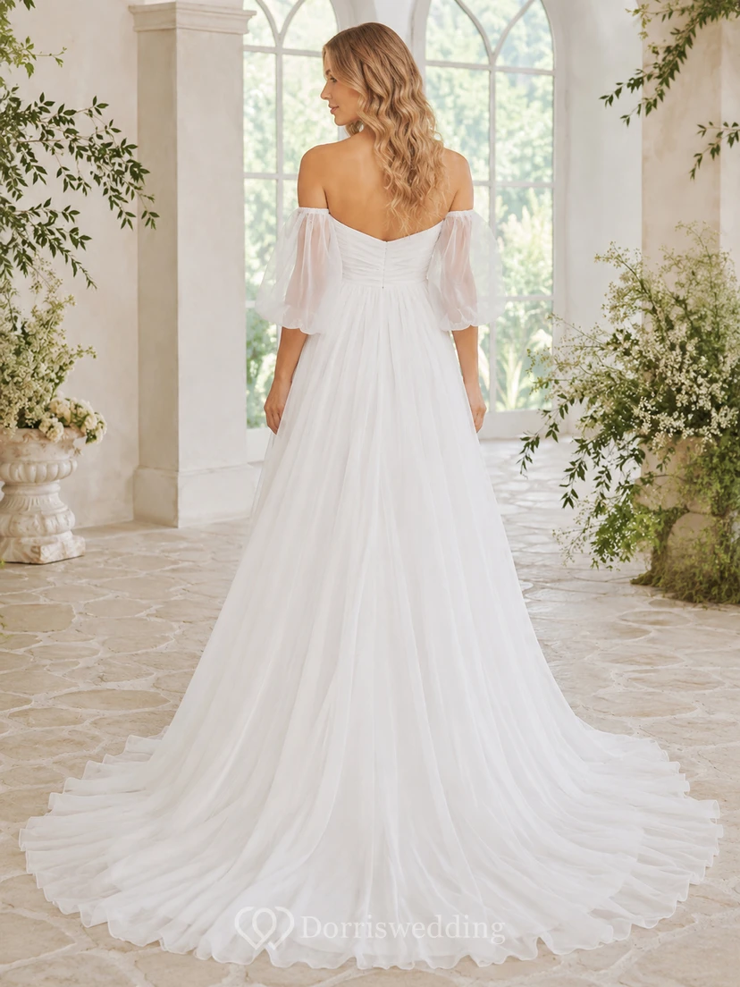 Maternity Wedding Dress Off-the-Shoulder Bell Sleeve Simple A-Line Garden Bridal Gown view 2