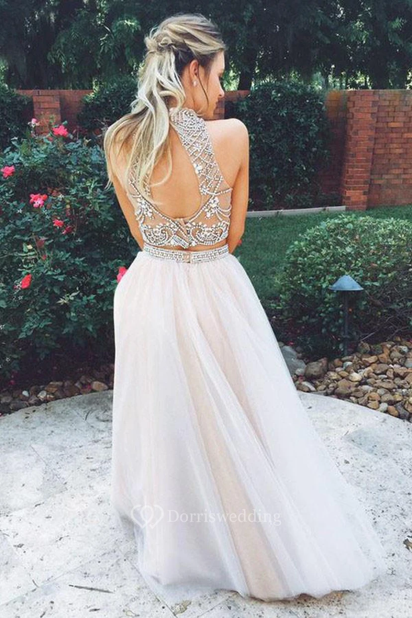 A-Line Tulle High Neck Sleeveless Zipper Keyhole Dress view 2