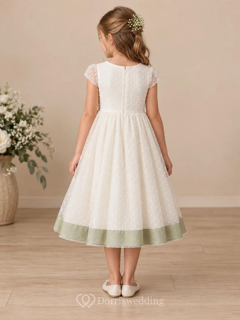 Simple Modest Tea-length Ivory Jewel Dotted Sheer-cap Tulle Sage-hem Zipper-back Flower Girl Dress view 2