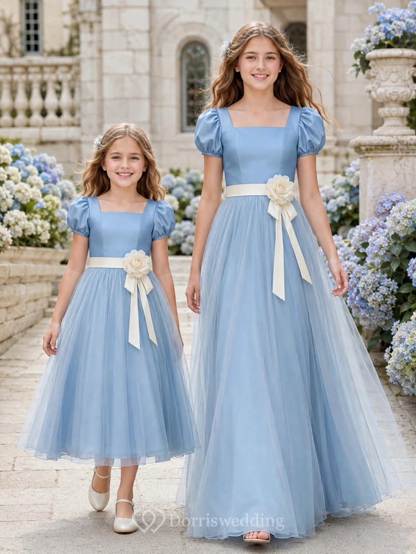 Matching Flower Girl Junior Bridesmaid Dress A-Line Sky Blue Tulle Puff Sleeve Sash