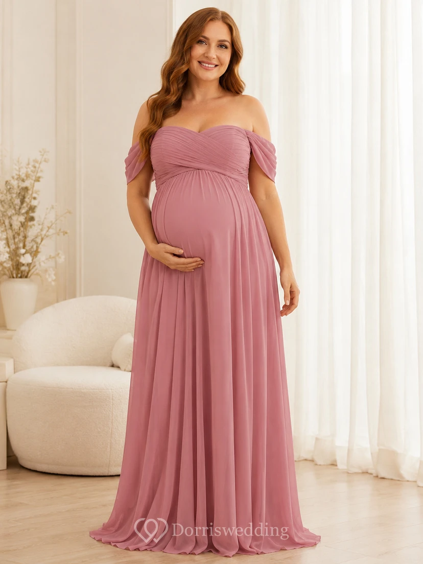 Rosewater Umstandskleid, bodenlang, schulterfrei, kurzärmelig, Chiffon, romantisch, in Altrosa, Empire-Stil