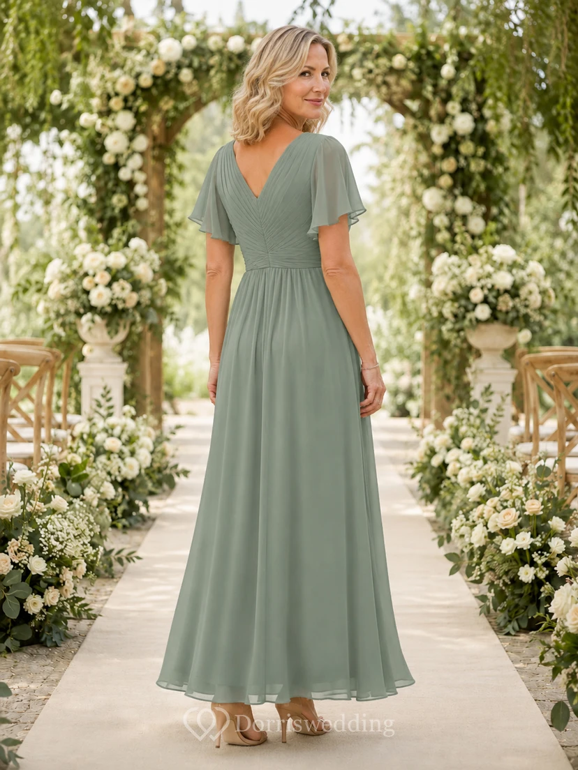 Salbeigrünes, knöchellanges, romantisches A-Linien-Chiffonkleid für die Mutter der Braut mit V-Ausschnitt, flatternden Ärmeln und fließendem Rock view 2
