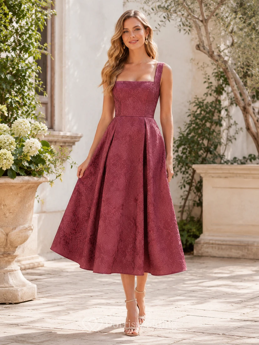 Dusty Rose Square Strap Jacquard A-Line Tea Wedding Guest Dress