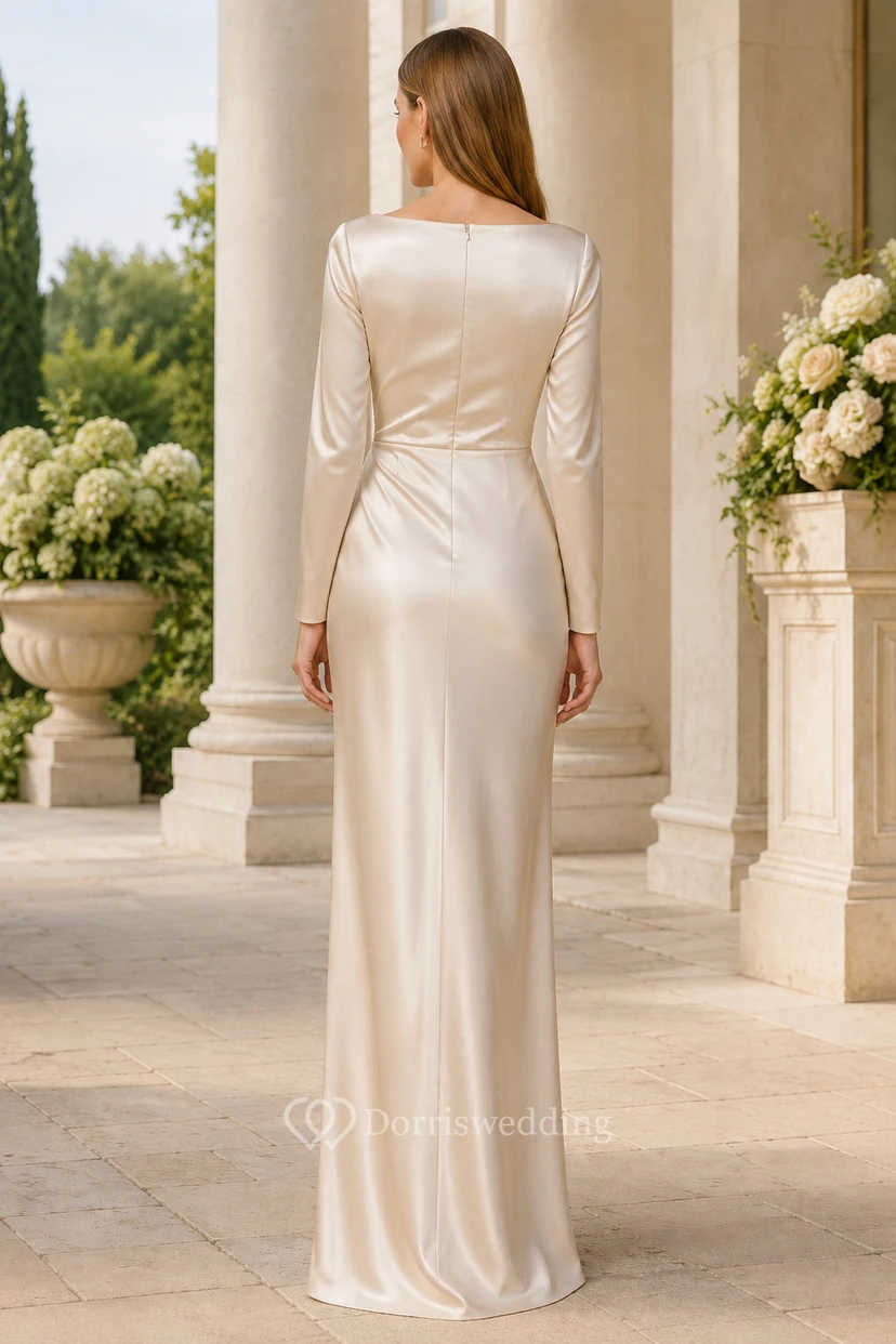 Champagne Long Sleeve Satin Sheath Mother of the Bride Dress with Bateau Neckline view 2