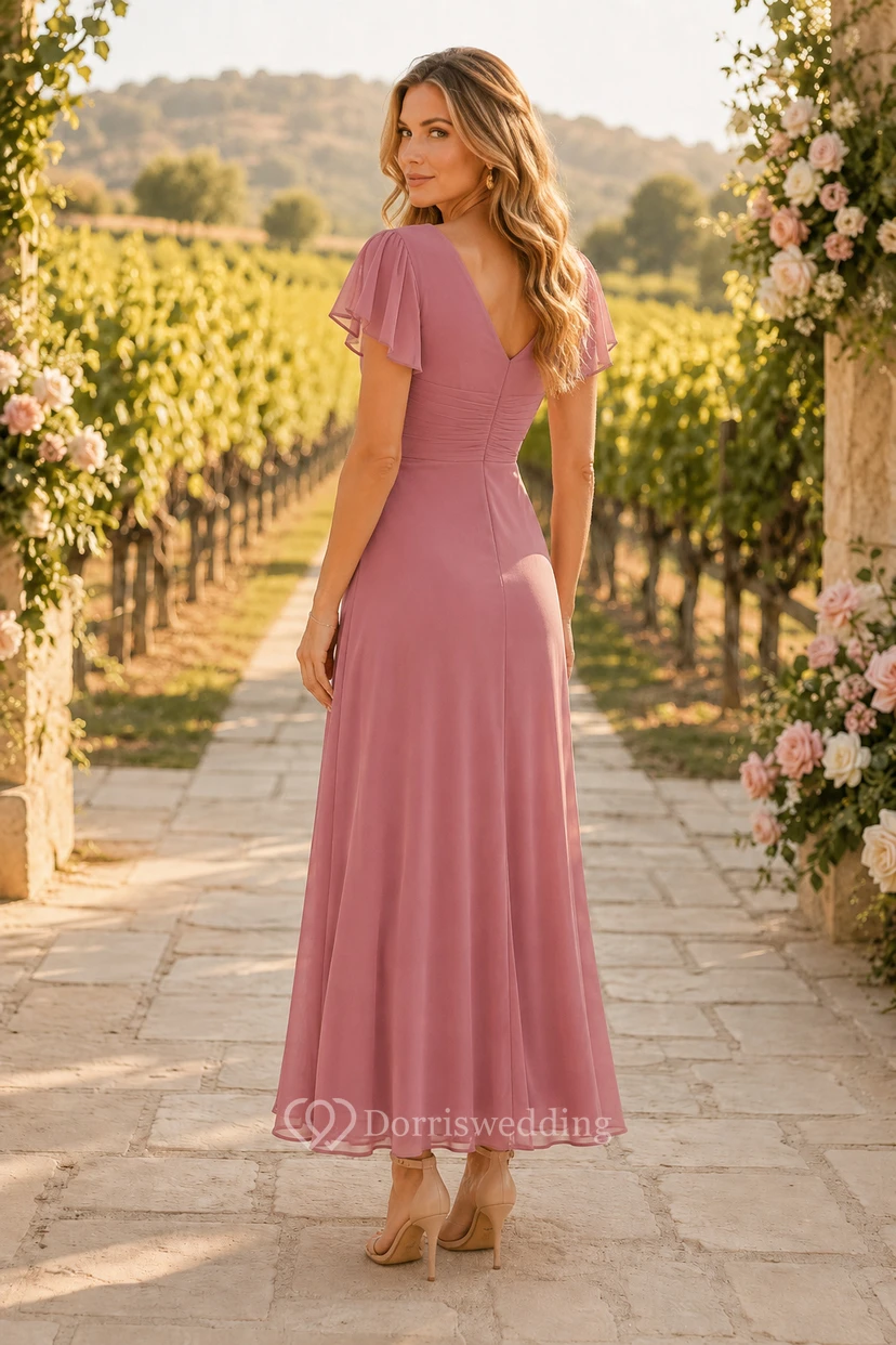 Mauve V-Neck Flutter Sleeve Chiffon A-Line Dress view 2